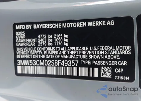 2025 BMW M240 I xDrive z USA, uszkodzony, nr VIN 3MW53CM02S8F49357